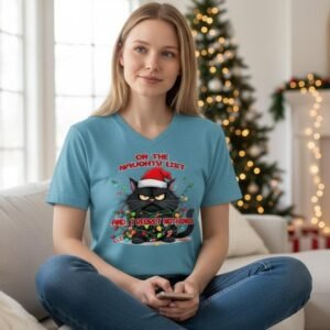 T-shirt featuring a grumpy cat tangled in holiday lights with a naughty list message