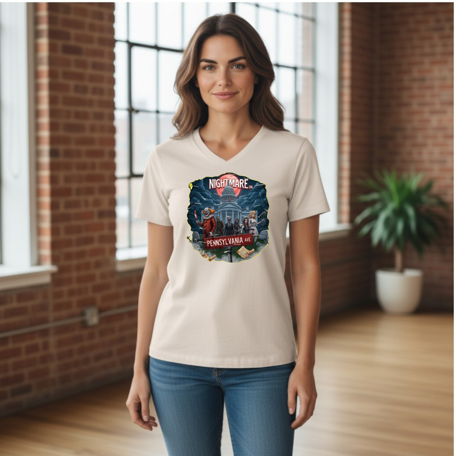 NightmareOnPenn Graphic V-neck shirt featuring a horror-themed political illustration with the text Nightmare on Pennsylvania Ave.