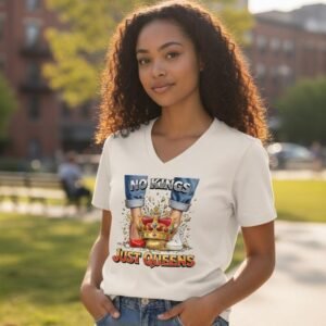 V-neck graphic shirt featuring the phrase No Kings Just Queens with a bold illustrated design.