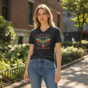 V-neck graphic shirt featuring a symbolic bird illustration and the phrase No One Is Illegal on Stolen Land.