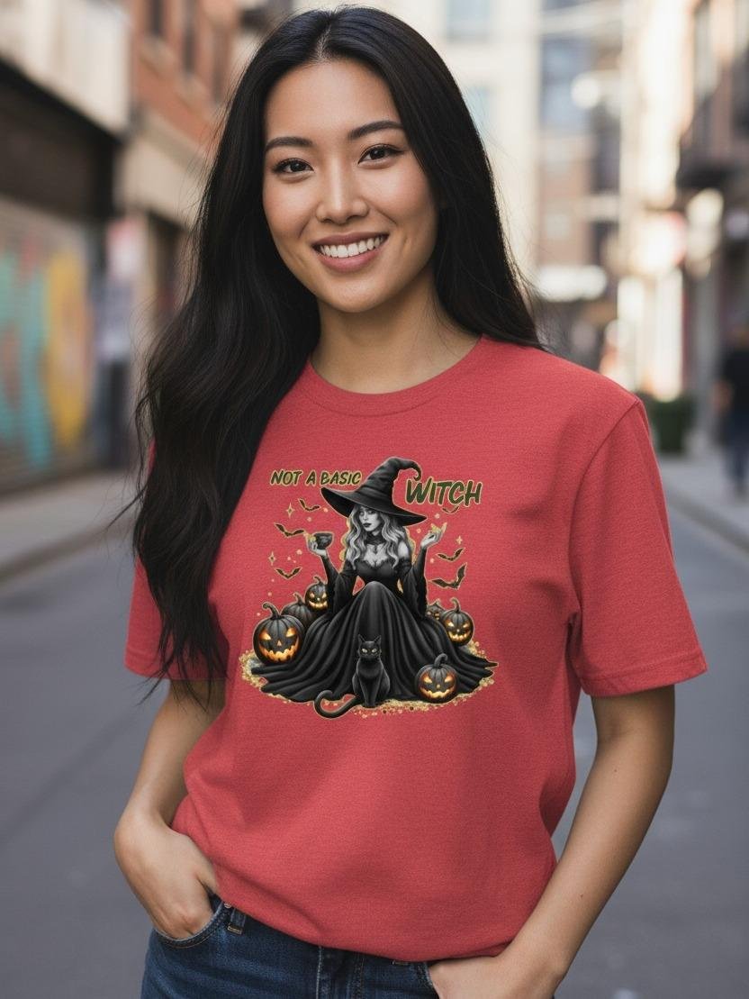 NotABasicWitch Model wearing a witch-themed graphic t-shirt with a playful illustrated design and bold lettering.