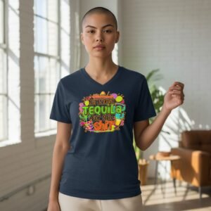 Graphic t-shirt featuring a bold tequila-themed quote with playful illustrated elements.