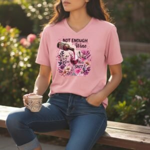 Graphic t-shirt featuring a floral wine illustration with a humorous quote, worn casually outdoors.