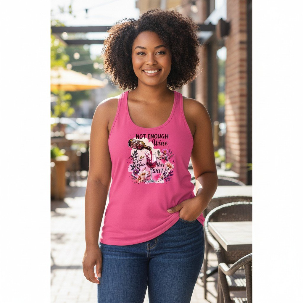 NotEnoughWineTank Racerback tank with wine bottle, glass, floral design and funny wine quote