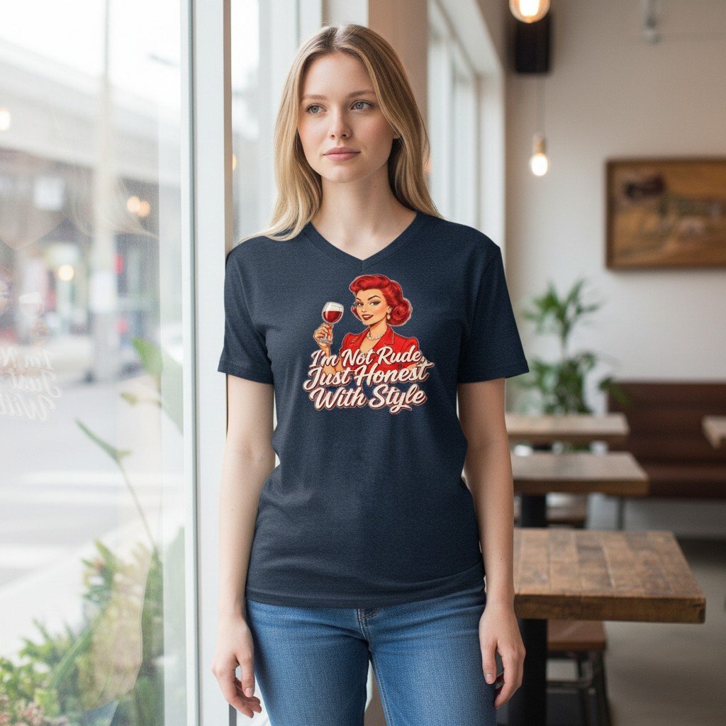 NotRudeJustHonest Model wearing a V-neck graphic t-shirt featuring a retro-style illustration with a confident statement phrase.