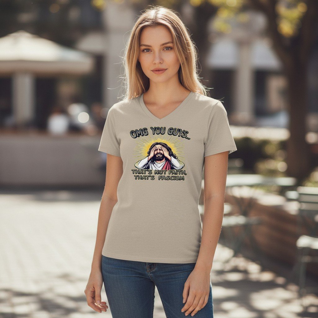 OMGYouGuys Model wearing a V-neck graphic t-shirt with an illustrated figure and a bold statement message.