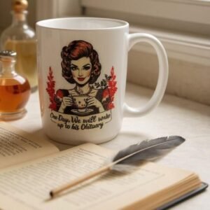 15oz ceramic mug with vintage woman illustration and “One Day, We Will Wake Up to His Obituary” text