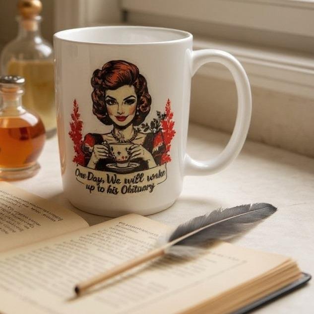 ObitMug 15oz ceramic mug with vintage woman illustration and “One Day, We Will Wake Up to His Obituary” text