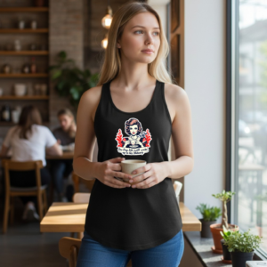 Racerback tank with vintage woman illustration and dark political satire text