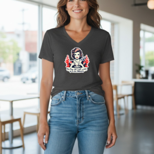 Model wearing a V-neck graphic t-shirt featuring retro-style artwork and a bold statement phrase.