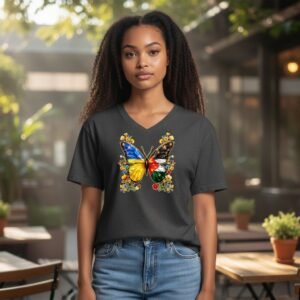 Model wearing a V-neck graphic t-shirt featuring a Palestinian–Ukrainian butterfly symbol.