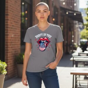 Graphic t-shirt featuring a bold party-themed design with expressive artwork.