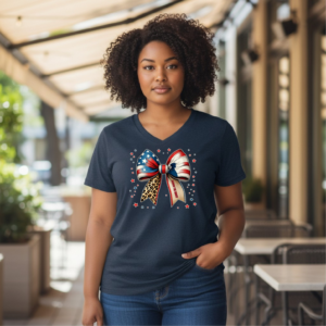 V-neck t-shirt featuring a patriotic bow graphic with decorative star accents.
