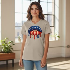 Graphic T-shirt featuring stylized lips designed with an American flag pattern and a dripping paint effect.