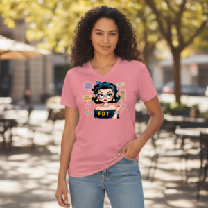 Retro-style illustrated woman wearing glasses and a headband with FDT lettering, surrounded by protest signs with pro-democracy messages.