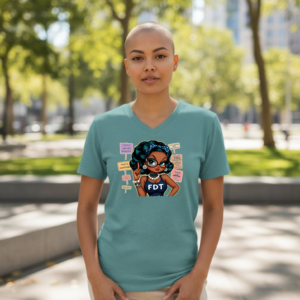 Retro-style illustrated woman wearing glasses and a headband with FDT lettering, surrounded by protest signs with pro-democracy messages.