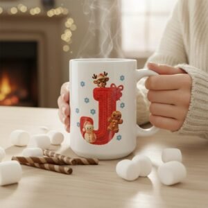 15oz ceramic mug with festive knitted-style initial and holiday characters