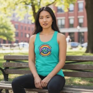 Racerback tank with rainbow Pride graphic and political satire text