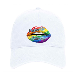White dad hat with rainbow lips graphic and the phrase “Pucker Up Buttercup.”
