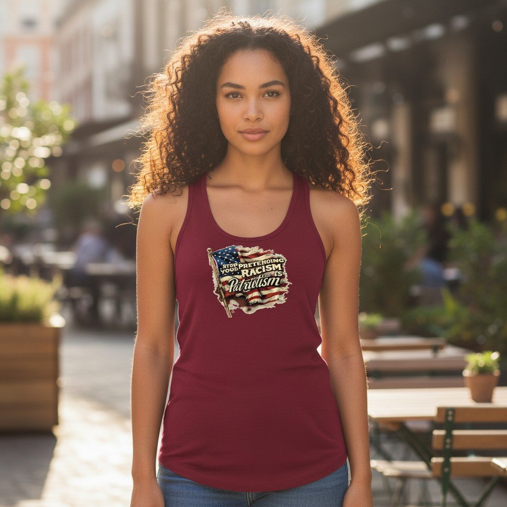 RacismNotPatriotismTank Racerback tank with anti-racism statement and distressed patriotic graphic