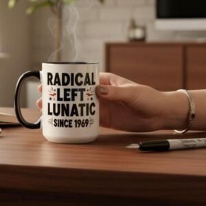 15oz ceramic mug with “Radical Left Lunatic Since” and customizable year text