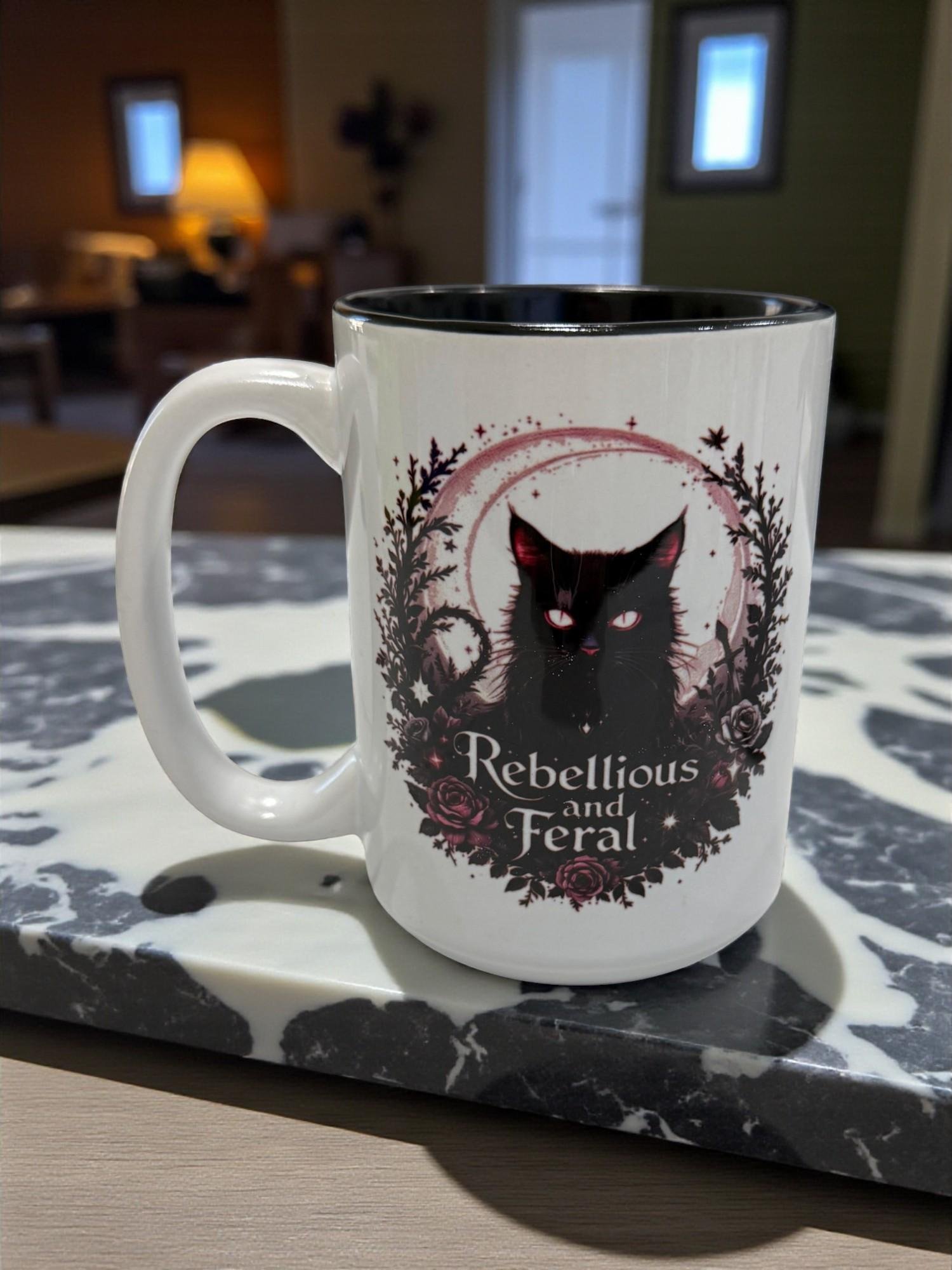 RebelliousFeralMug 15oz ceramic mug with gothic cat illustration and “Rebellious and Feral” text