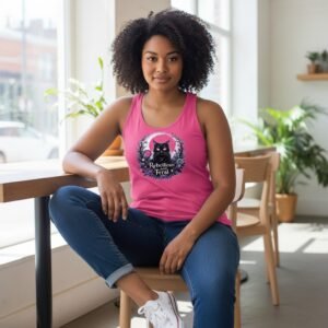Racerback tank top with a mystical cat illustration and “Rebellious and Feral” text.