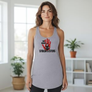 Racerback tank top featuring a raised hand graphic and “No More Stolen Sisters” text.