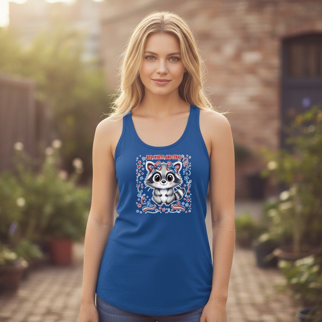 RedWhiteFeralTank Racerback tank top featuring a raccoon illustration and “Red, White, and Feral” text.