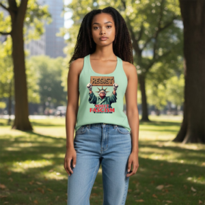 Racerback tank top featuring a protest illustration with “Resist” and “Reject Fascism” text.