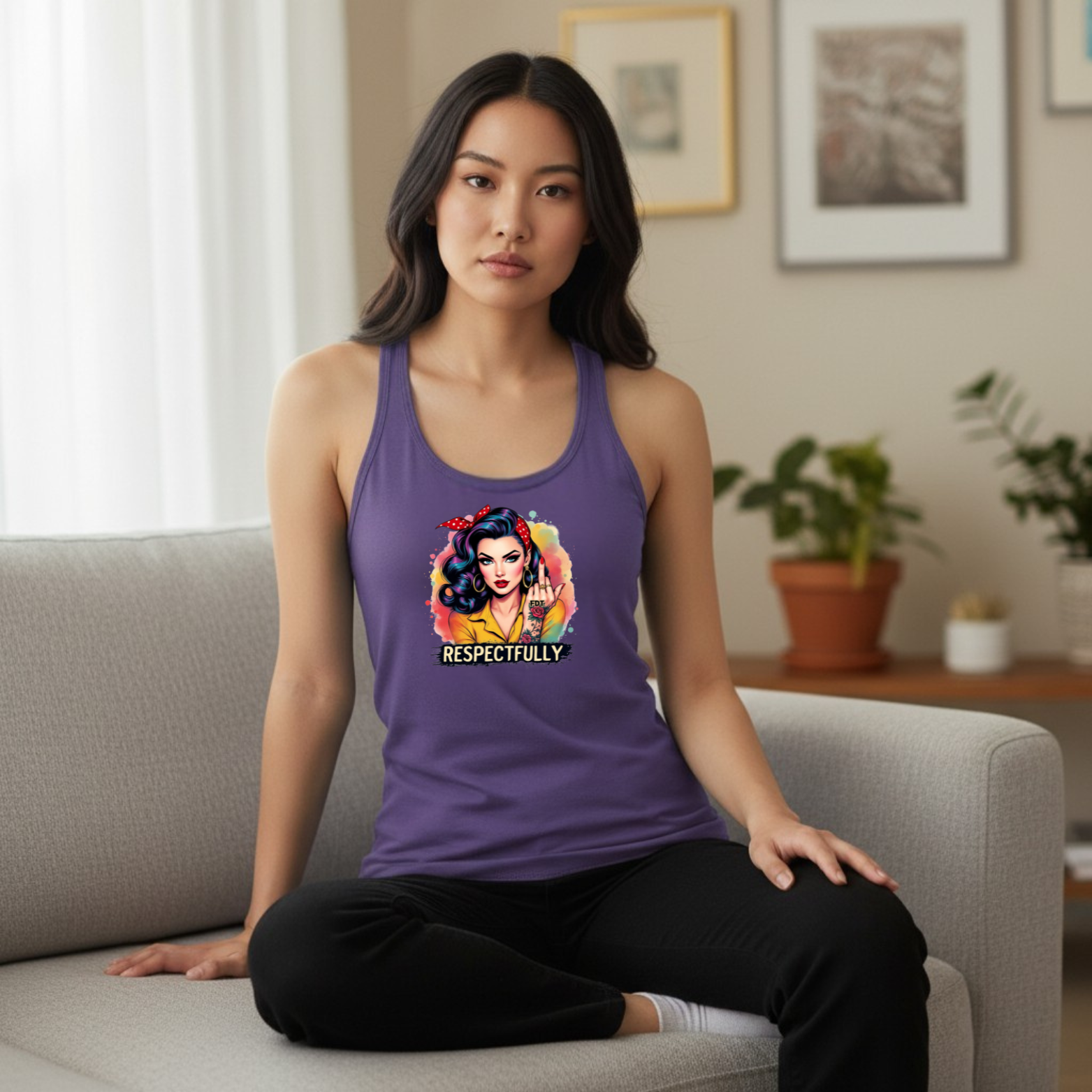 RespectfullyTank Racerback tank top featuring a retro-style illustrated woman and “Respectfully” text.