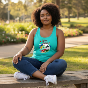 Racerback tank top featuring a peace-themed illustration and “Rights and Peace for All Beings” text.