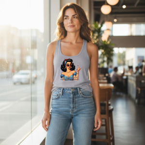 Racerback tank top featuring a retro-style illustrated woman and satirical political text.