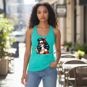 Racerback tank top featuring a retro pin-up style illustrated woman making a bold gesture.