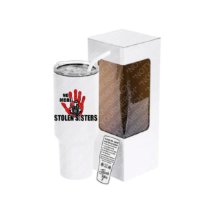 No More Stolen Sisters awareness tumbler with red handprint graphic.