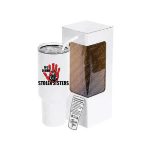 No More Stolen Sisters awareness tumbler with red handprint graphic.