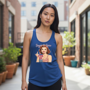 Racerback tank top featuring a retro pin-up style illustration and “Sugar & Spice & F*ck ICE” text.