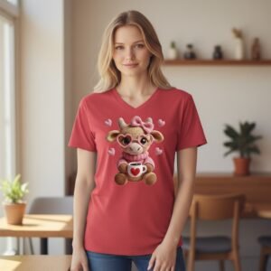 Crochet-style cow t-shirt with heart glasses and coffee mug surrounded by small hearts.
