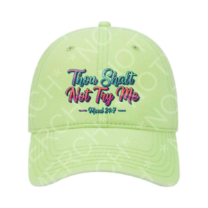 Light green dad hat with the phrase “Thou Shalt Not Try Me – Mood 24/7” in colorful lettering.