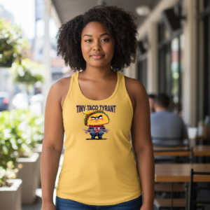 Racerback tank top featuring a cartoon taco character with satirical warning text.