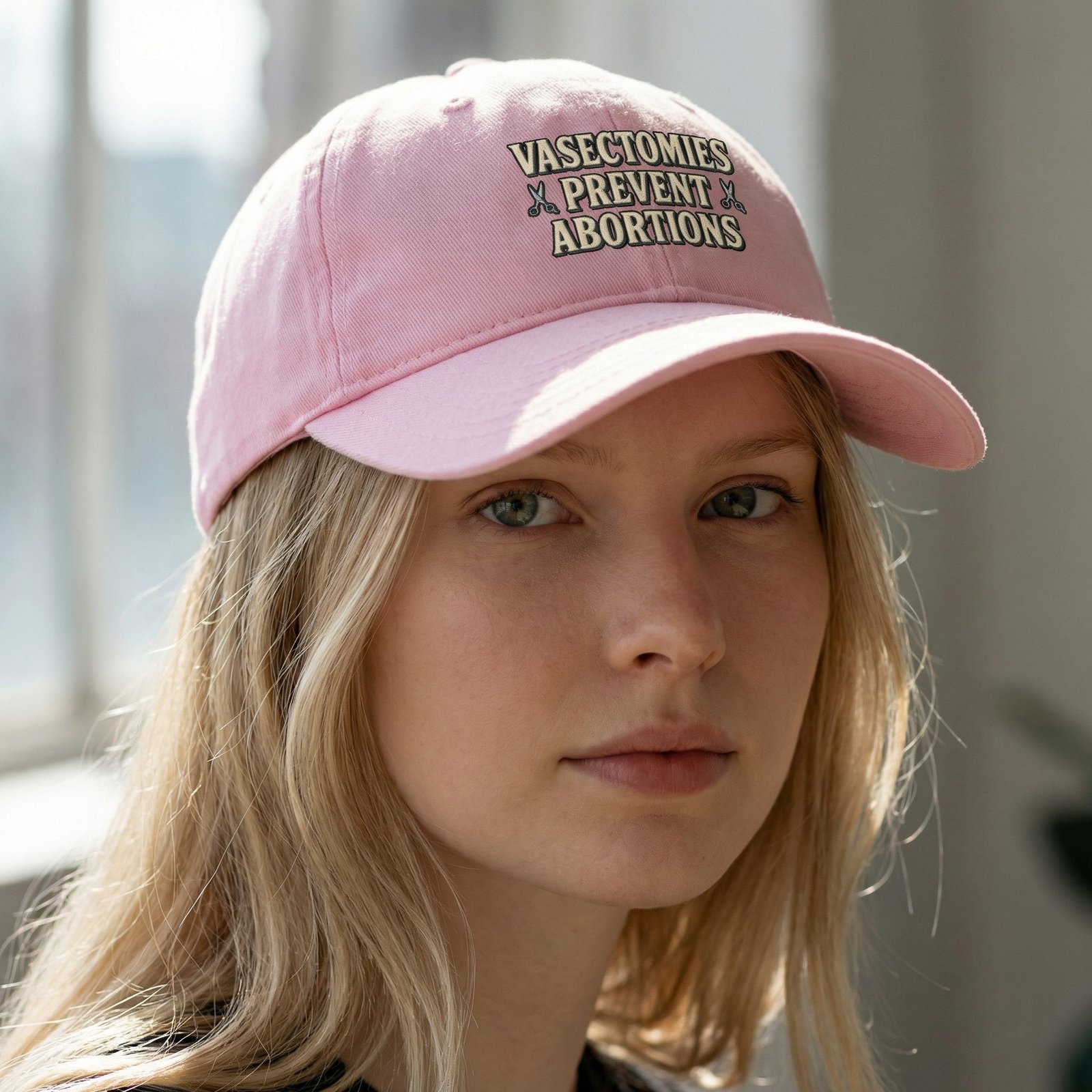 VasectomiesHat Dad hat with the phrase “Vasectomies Prevent Abortions” in bold lettering with small scissors icons.