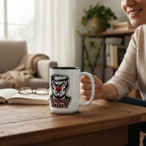 15oz ceramic mug with caricature graphic and “Village Idiot” text
