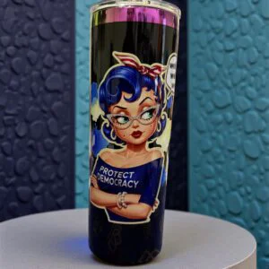 20oz tumbler featuring a Protect Democracy UV DTF design from the Christina Talks Tea collaboration.