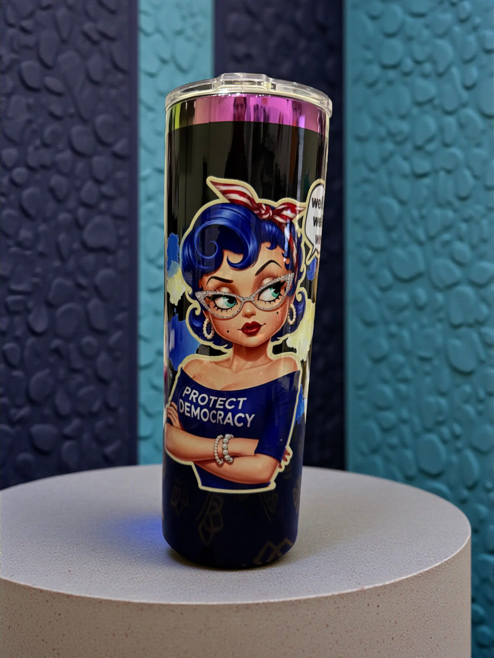 Well20Black 20oz tumbler featuring a Protect Democracy UV DTF design from the Christina Talks Tea collaboration.