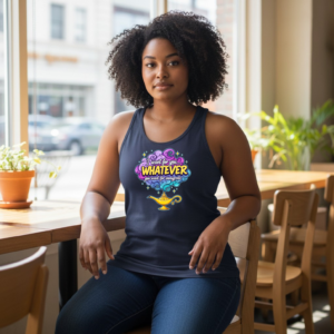 Racerback tank top featuring a genie illustration with “I want for you whatever you want for immigrants” text.