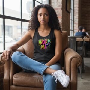 Racerback tank top featuring graffiti-style “Woke AF” lettering.