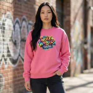 Crewneck sweatshirt featuring graffiti-style text reading “Woke Warrior – Democracy Defender.”