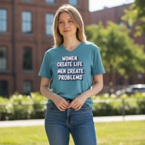 Women Create Life Men Create Problems slogan t-shirt with bold statement lettering.
