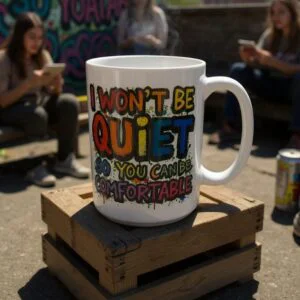15oz ceramic mug with “I Won’t Be Quiet So You Can Be Comfortable” bold typography design