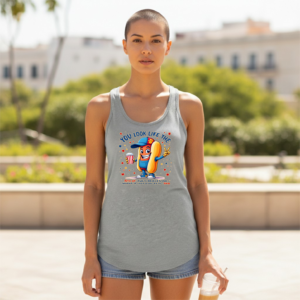 Racerback tank top featuring a cartoon hotdog character with humorous holiday text.